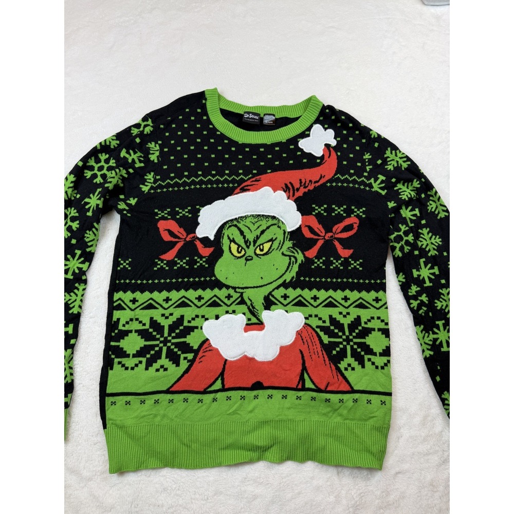 Dr. Seuss The Grinch Christmas Sweater Mens XL Green Black Knit Holiday Pullover
